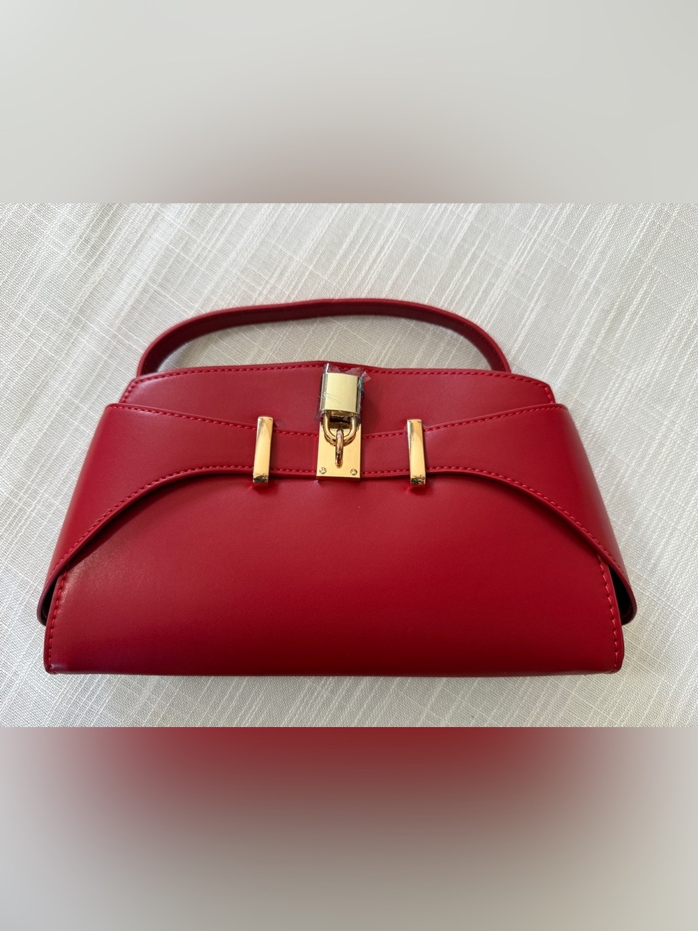 Red Top-Handle Satchel with Gold Lock Detail - Picture 4 of 11